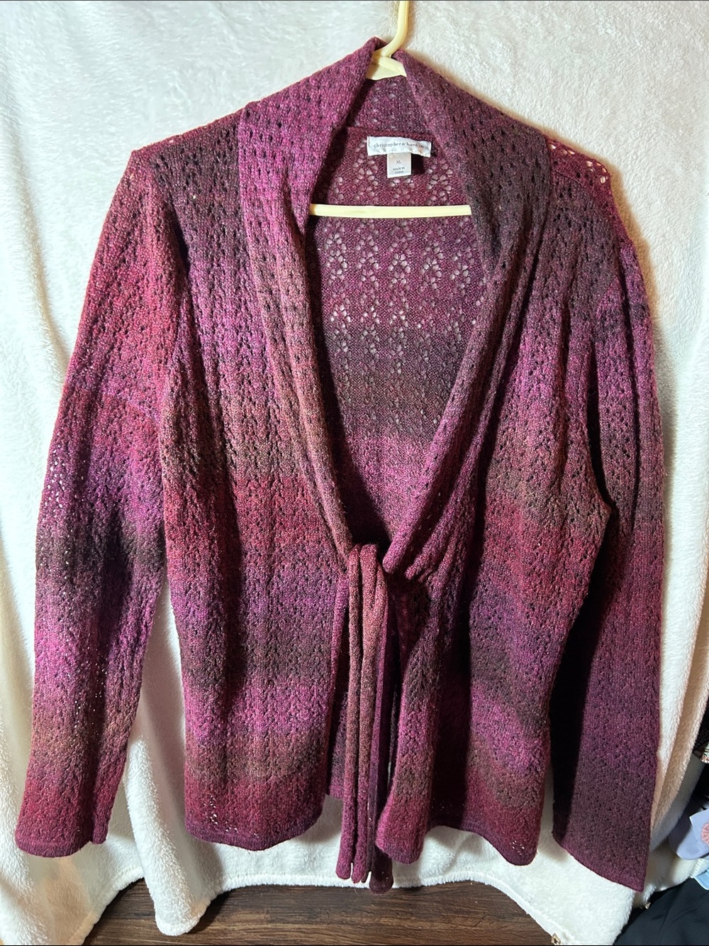 Vintage Christopher & Banks Open-Front Tie-Waist Knit Cardigan - Berry Ombre XL